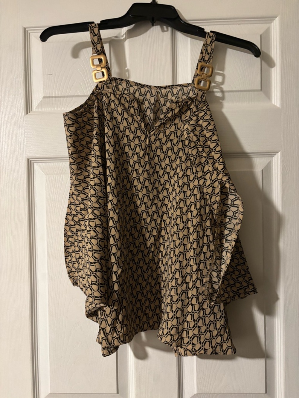 SHEIN Beige and Black Geometric Print Camisole with Gold Buckle Straps